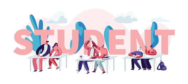 Students Sitting at Desks Visiting Lecture in University Concept. Characters Learning. Communicating, Higher Education, Knowledge vector