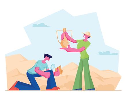 Archeologists Found Ancient Items Crock Jug, Scientists Working on Excavations or Digging Soil Layers and Exploring Artifacts vector