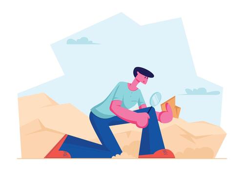 Archeologist Found Ancient Item Watching through Magnifying Glass on Crock Piece, Scientist Working on Excavations Exploring vector