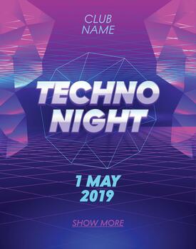 Techno Night Banner with Typography on Synthwave Neon Grid Futuristic Background with Low Poly Triangulars. Club Party Poster vector