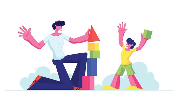 Dad and Little Child Boy Having Fun Building Constructor Tower from Colorful Wooden Blocks and Cubes. Happy Family Leisure vector