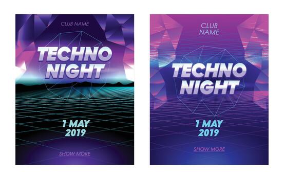 Techno Night Banners Set with Typography, Synthwave Neon Grid Futuristic Background with Low Poly Triangulars vector