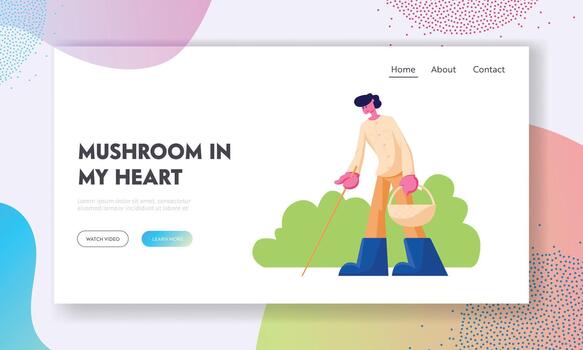 hombre con cesta y palo buscando hongos en bosque sitio web aterrizaje página, otoño temporada actividad, personas caminando en bosque vector