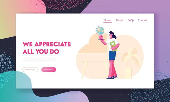 School Worker, Occupation Website Landing Page, Geography Teacher Holding Globe and Class Journal Stand in Classroom with Table vector