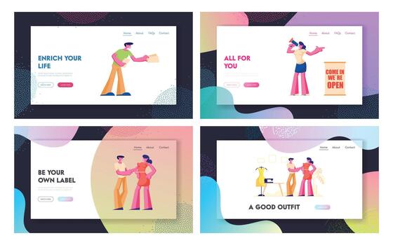nuevo Tienda abierto evento sitio web aterrizaje página colocar, simpático promotores dando invitación volantes a Tienda Entrada para atractivo personas vector