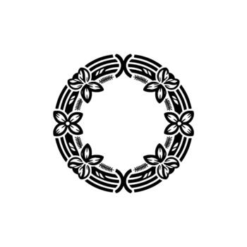A symmetrical floral wreath featuring stylized flowers and abstract linear patterns forming a circular emblem vector