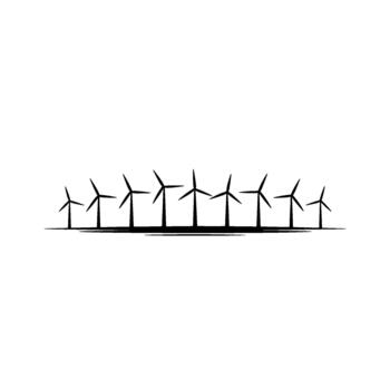 un minimalista silueta ilustración de un fila de viento turbinas con estilizado resumen líneas sugerencia viento o movimiento vector