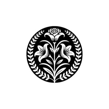 un estilizado circular emblema presentando un central arreglo de Tres elegante lirios y un capullo de rosa rodeado por un laurel guirnalda vector