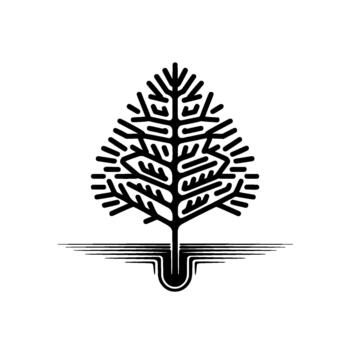 A minimalist illustration of a stylized abstract tree with branching limbs and a prominent root system vector