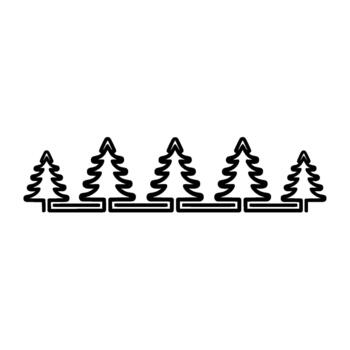 A minimalist continuous line art depiction of a row of stylized evergreen coniferous trees in varying sizes isolated vector