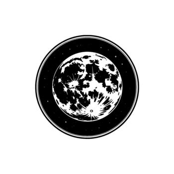 A stylized representation of a full moon with visible craters and rays of light set within a circular frame adorned with small stars vector