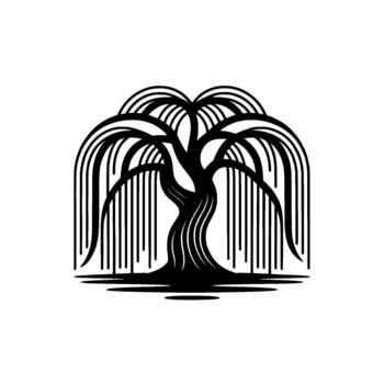 Striking monochrome illustration of a stylized weeping willow tree with flowing branches and a twisted trunk vector