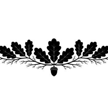 A striking silhouette of an oak branch adorned with multiple oak leaves and a single acorn centered at the bottom vector