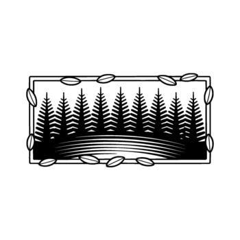 Minimalist silhouette of a dense pine forest with stylized rolling hills within a bordered frame adorned with scattered oval leaf shapes vector