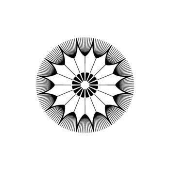 un minimalista geométrico resumen radial modelo parecido a un estilizado diente de león semilla cabeza o rayos de sol con multa radiante líneas y un central segmentario circulo vector
