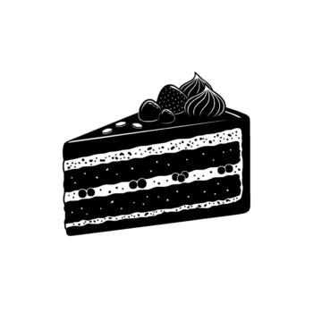 A striking silhouette art illustration of a layered chocolate cake slice topped with cream frosting strawberries and tiny dots vector