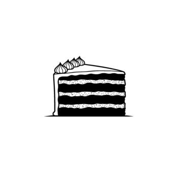 A simple line art illustration of a decadent slice of layered chocolate cake with fluffy frosting swirls vector