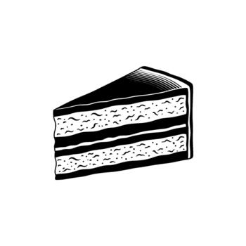 A stark illustration of a triangular slice of layered cake with detailed frosting and crumb texture isolated vector