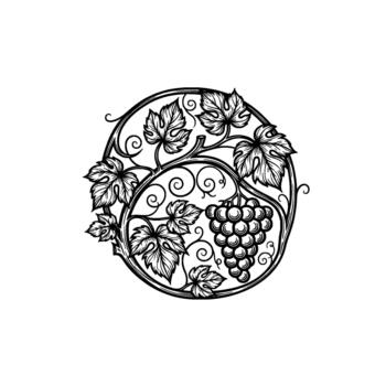 Intricate illustration of a circular grape vine ornament featuring a cluster of grapes and detailed vine leaves in a classic ornamental style vector