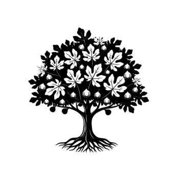 Stylized illustration of a mature fig tree laden with ripe figs and distinctive lobed leaves featuring visible root system vector