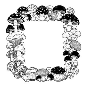 A detailed hand drawn illustration of a square frame composed of various intricate mushroom species creating a whimsical organic border vector