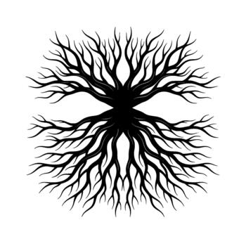 A striking silhouette of an abstract branching root system or tree structure with intricate organic lines isolated vector