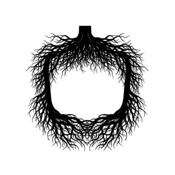An intricate silhouette of intertwined tree roots forming a hexagonal frame vector