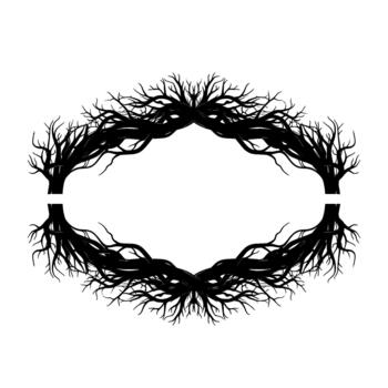 un cautivador silueta presentando entrelazando desnudo árbol ramas formando un oval marco vector