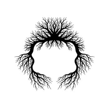 Abstract Silhouette of Intertwining Tree Branches Forming a Circular Frame with Intricate Root Systems vector