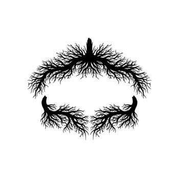 Intricate silhouette of a branching root system forming a decorative circular frame with isolated sections vector