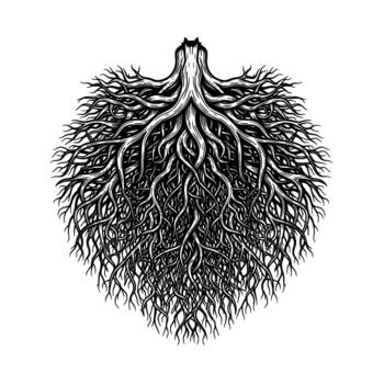Detailed illustration of an intricate and dense root system branching outwards in a spherical shape isolated vector