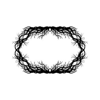 A symmetrical silhouette of a twisted and gnarled tree branch oval frame with intricate branching details vector