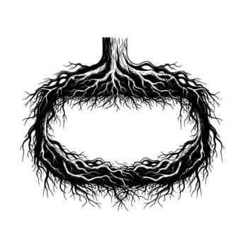 Intricate silhouette of a circular tree root system creating a frame vector