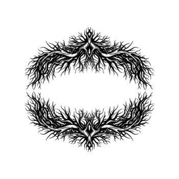 florido silueta frontera creado desde intrincado árbol raíces formando un oval marco vector