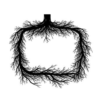 un rígido silueta de intrincadamente ramificado árbol raíces formando un rectangular marco forma vector