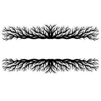 un simétrico silueta de denso intrincado derivación árbol raíces o desnudo ramas creando decorativo fronteras vector