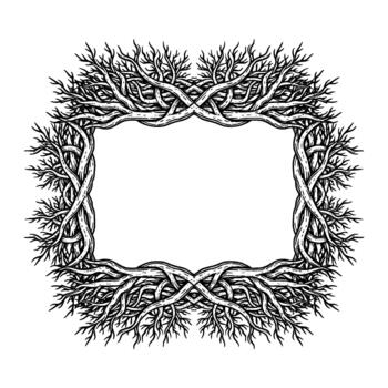 intrincado tinta dibujo de un tejido árbol raíz marco con entrelazados ramas formando un decorativo rectangular frontera vector