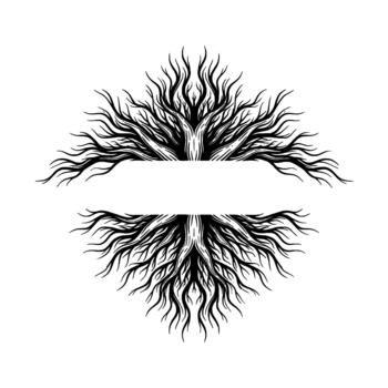 Symmetrical abstract ink illustration of a split tree root system forming a decorative border vector