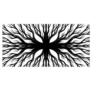 A striking abstract silhouette of intricate root systems or branching veins spreading outwards from a central dark void vector