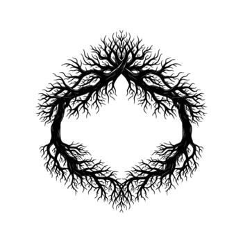 A detailed silhouette of a circular wreath formed from intertwined gnarled bare tree branches with intricate root systems creating an organic frame vector