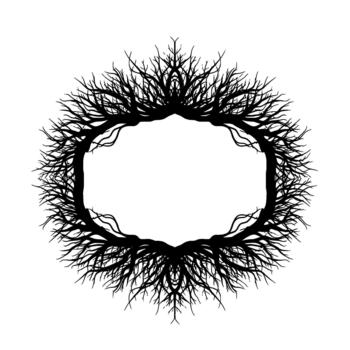 A stark silhouette of an intricate oval frame formed by gnarled bare tree branches and root systems vector