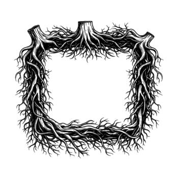 Intricate illustration of a square border frame formed by interwoven tree roots and stumps vector