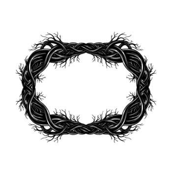 Intricate oval frame formed by interwoven gnarled tree roots with delicate branching patterns vector