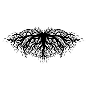 Intricate silhouette of a stylized tree root system or organic growth pattern with decorative swirling lines and patterns isolated vector