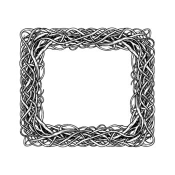 Intricate line art illustration of a rectangular border frame formed by densely interwoven organic vine like strands vector
