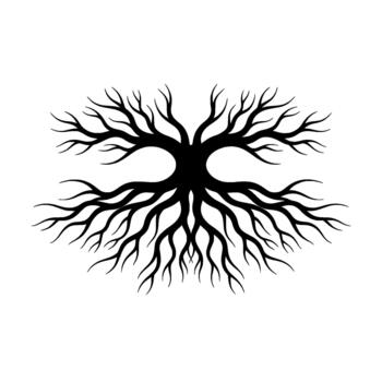 A stark silhouette of a symmetrical and intricately branching tree root system vector