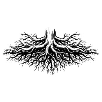 A striking illustration of a tree root system with intricate branching patterns spread wide vector