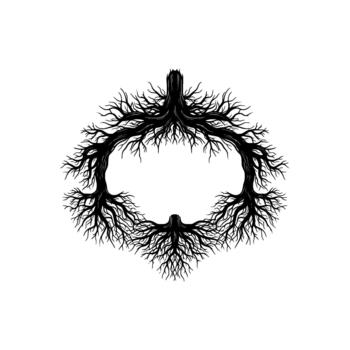 intrincado silueta de interconectado árbol raíces formando un circular guirnalda vector