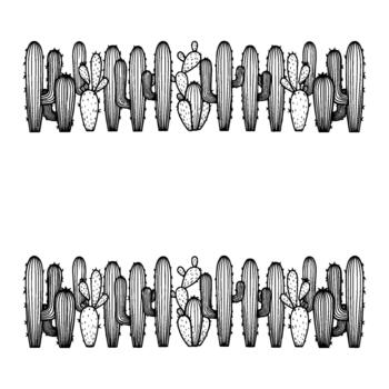 A Decorative Border Pattern Featuring a Continuous Line of Various Succulent Cacti Including Saguaro and Prickly Pear Varieties in a Hand Drawn Illustration Style vector