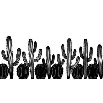 un minimalista ilustración de un sin costura frontera modelo presentando un variedad de estilizado saguaro y barril cactus con detallado línea Arte textura vector